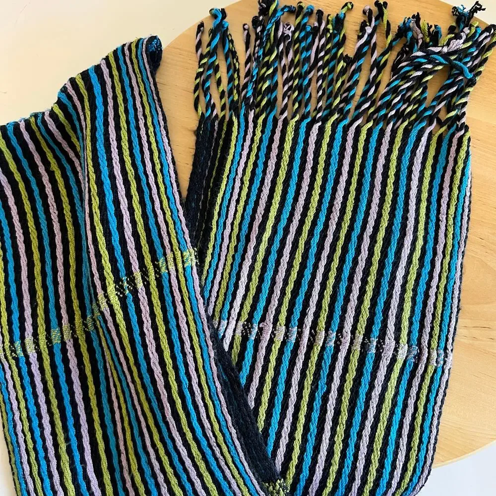 Y2K Blue, Purple, Green Striped Scarf with Fringe Trim Soft Woven Knit
